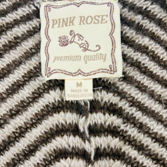 Pink Rose Acrylic Open Front Cardigan Size Medium  Brown Cream Striped Knit - Picture 3 of 8